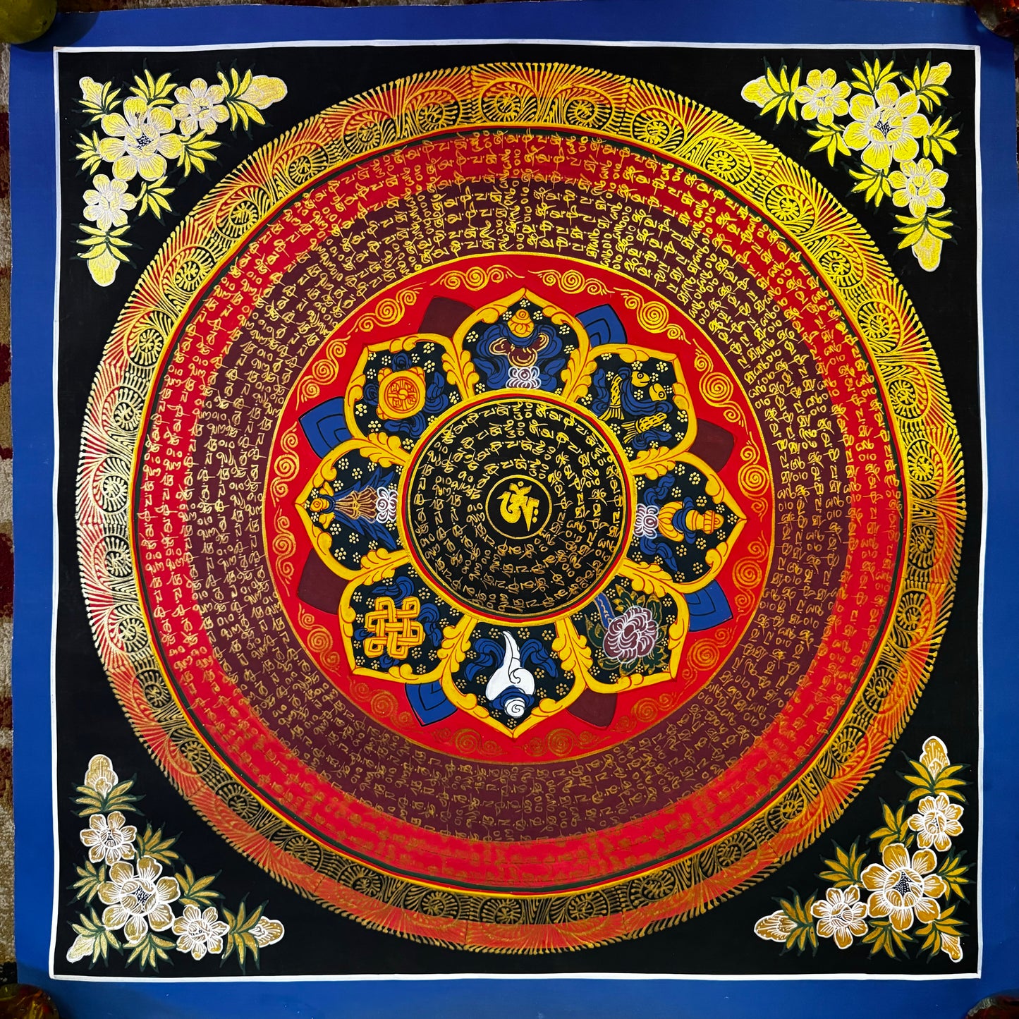 Hand-Painted Mantra Mandala Thangka with Auspicious Symbol