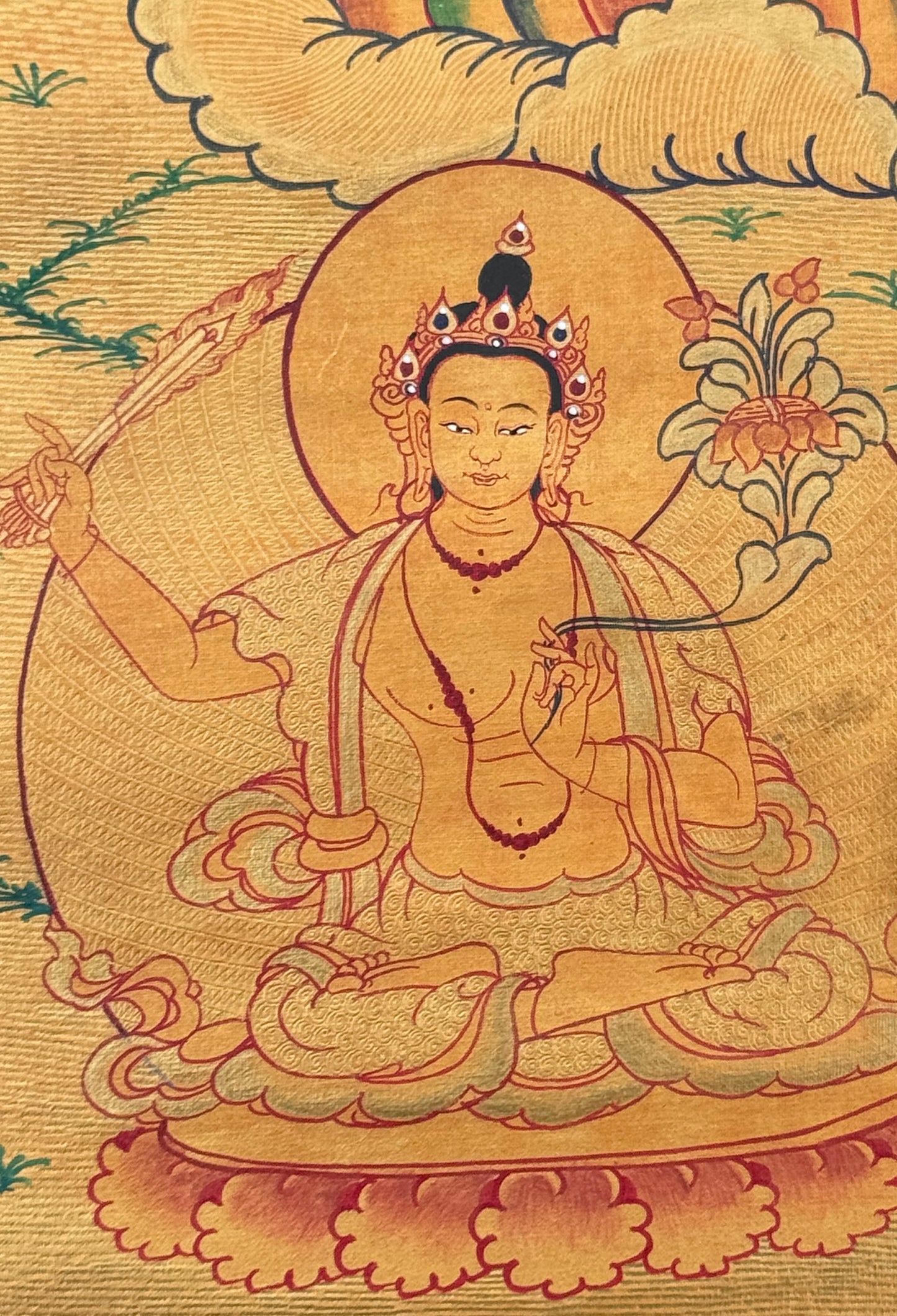 Gold Chyangresi with 5 Buddha Thangka Painting