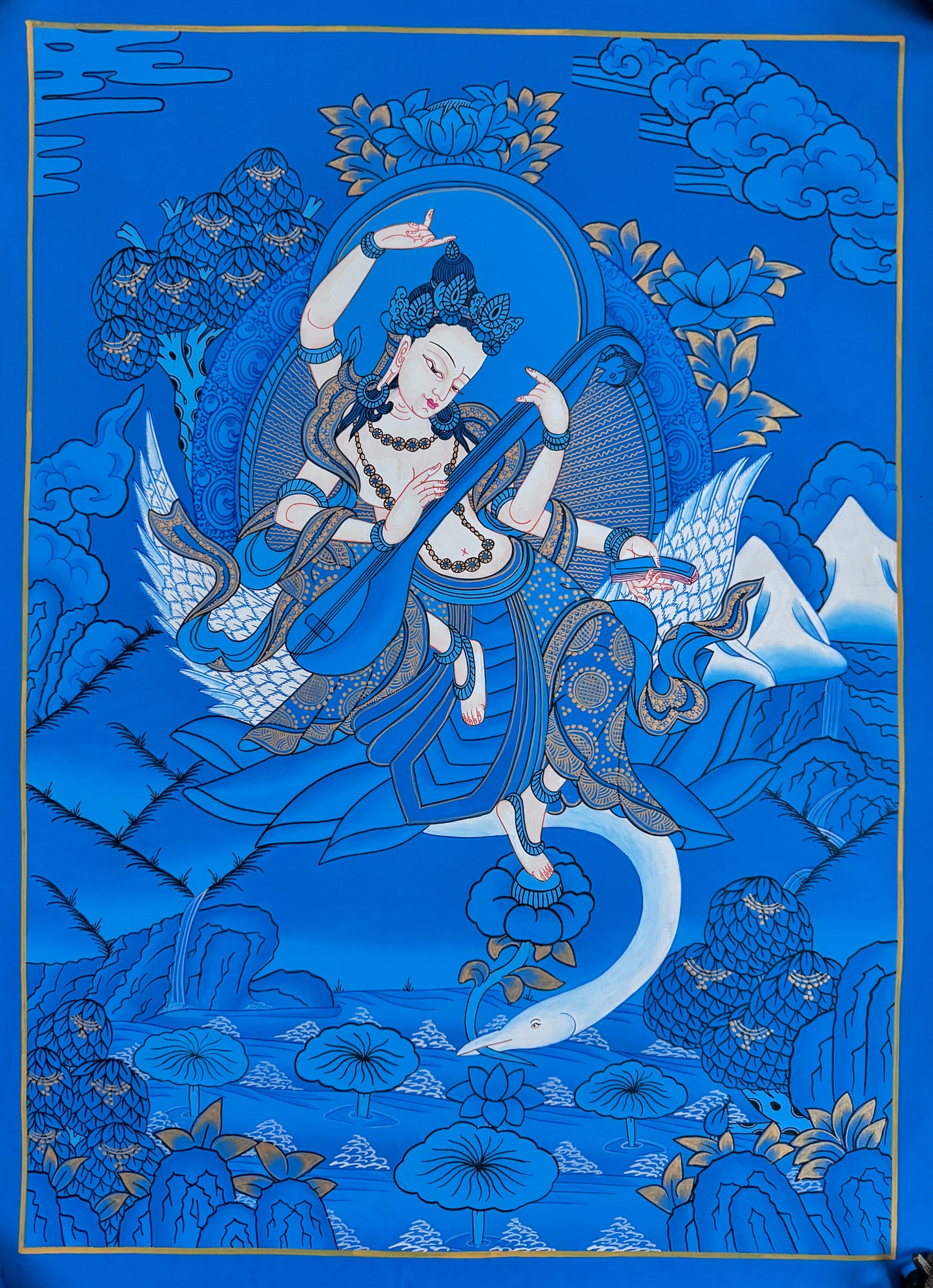 Saraswati in Blue Colour Thangka Painting