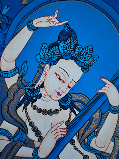 Saraswati in Blue Colour Thangka Painting