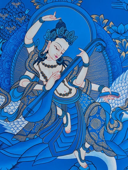 Saraswati in Blue Colour Thangka Painting