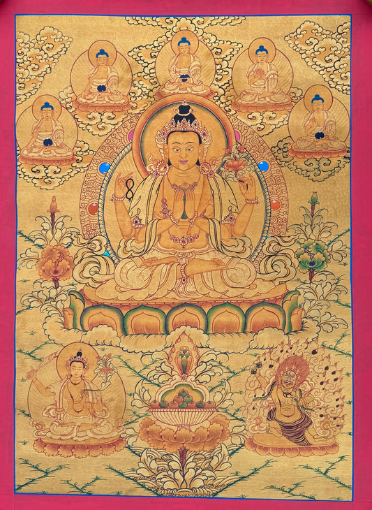 Gold Chyangresi with 5 Buddha Thangka Painting