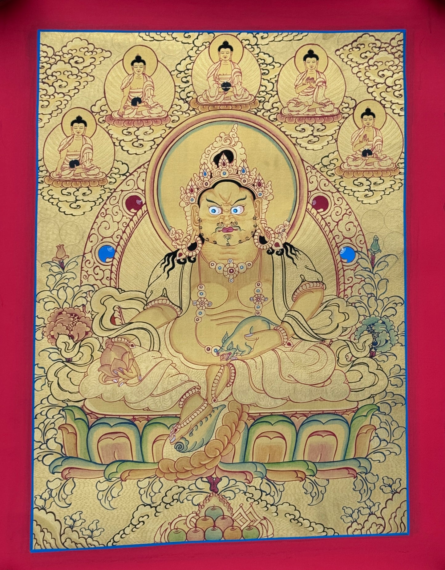 Gold Zambala with 5 Buddha Thangka Painting