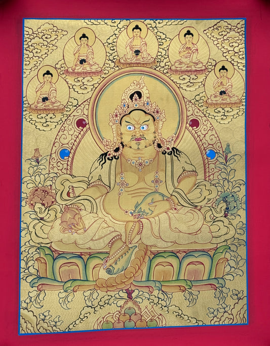 Gold Zambala with 5 Buddha Thangka Painting