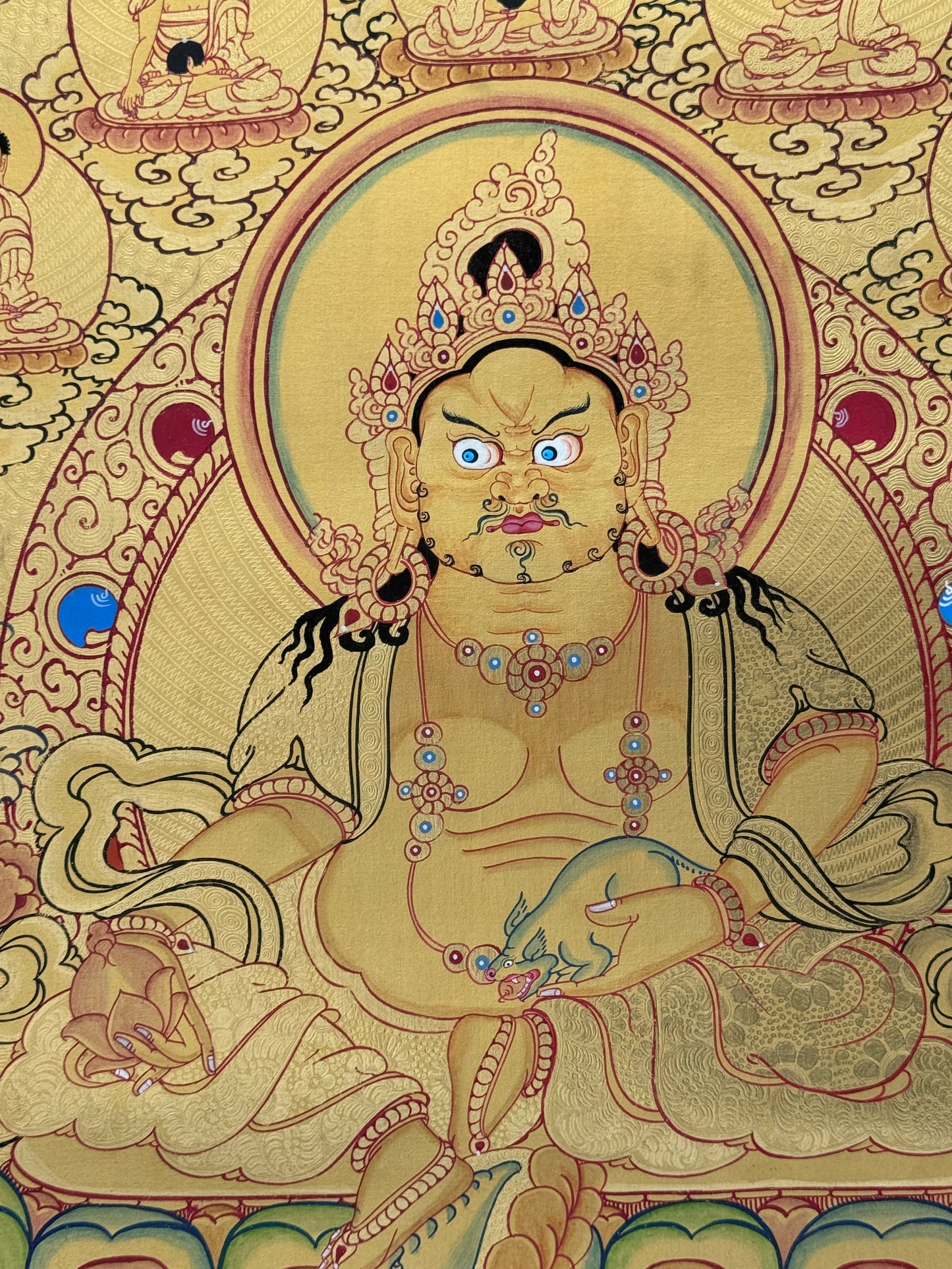 Gold Zambala with 5 Buddha Thangka Painting