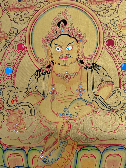 Gold Zambala with 5 Buddha Thangka Painting