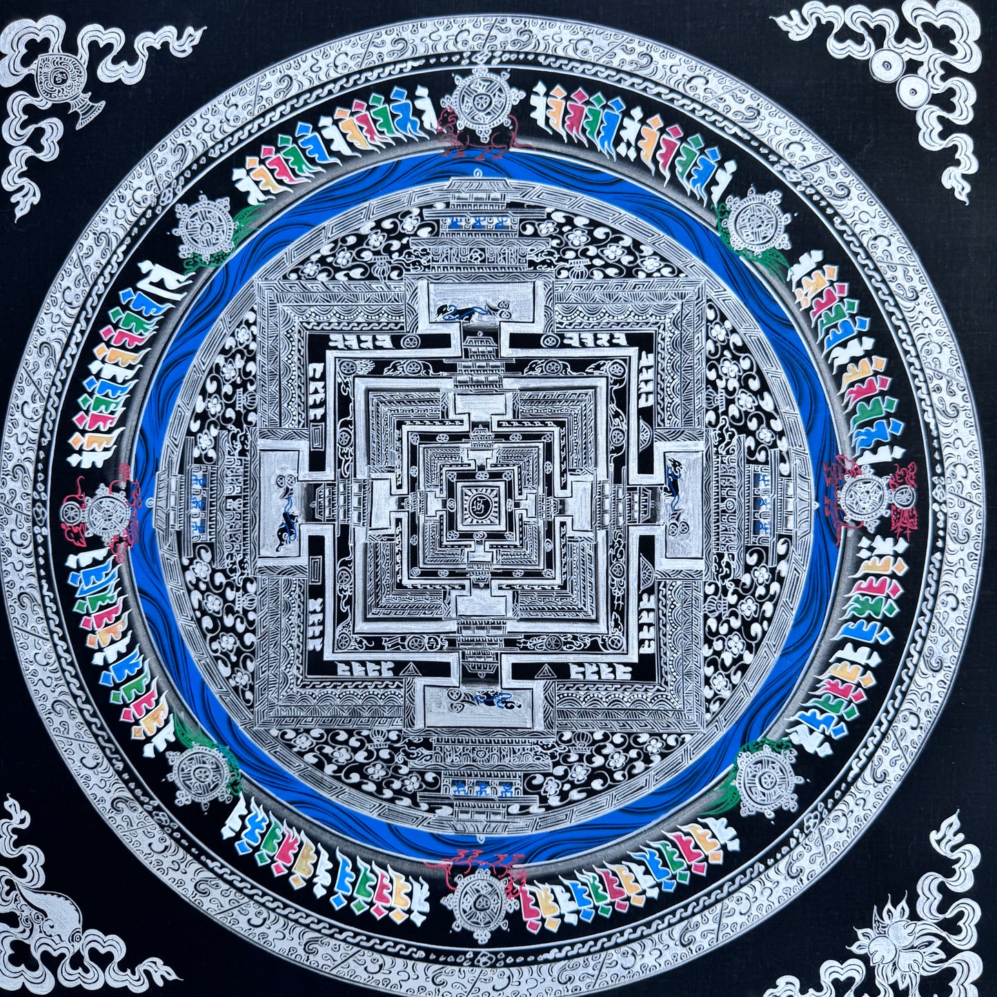 Silver Kalachakra Mandala Thangka Painting