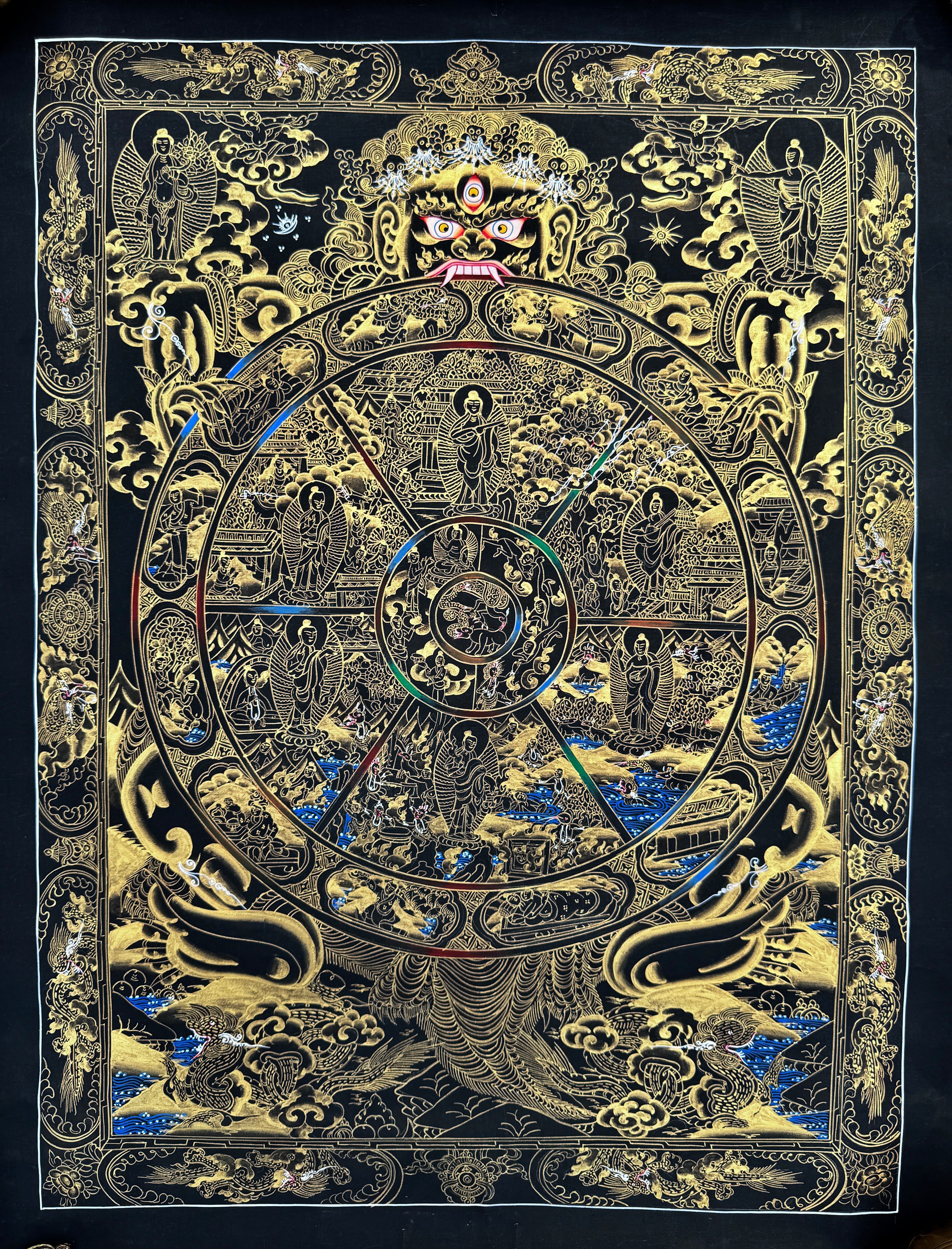 Palcha Black and Gold Wheel of Life Thangka Painting – Palcha Handicraft