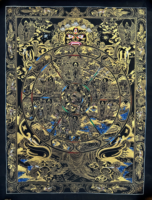 Black and Gold Wheel of Life Thangka Painting