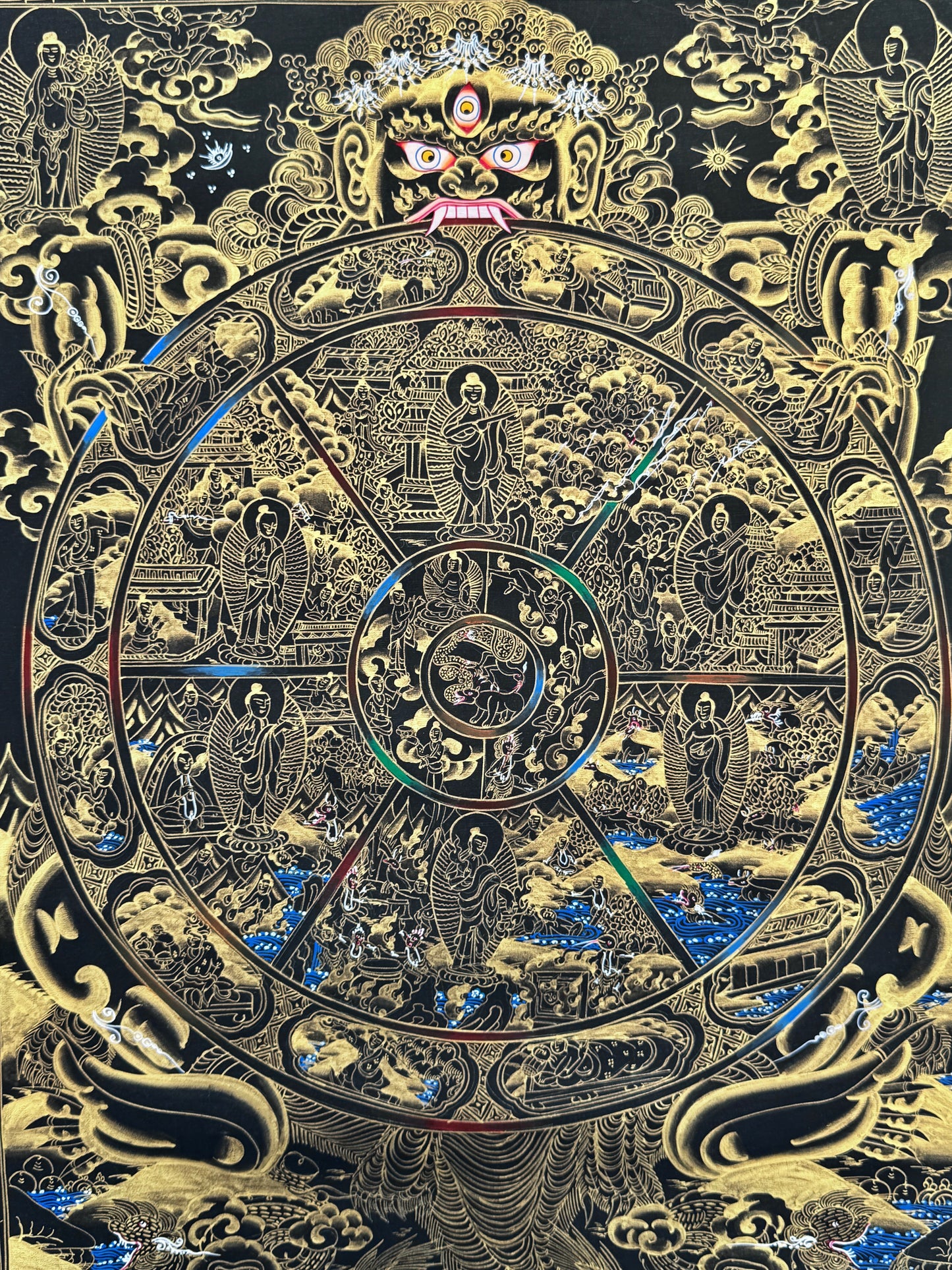 Black and Gold Wheel of Life Thangka Painting