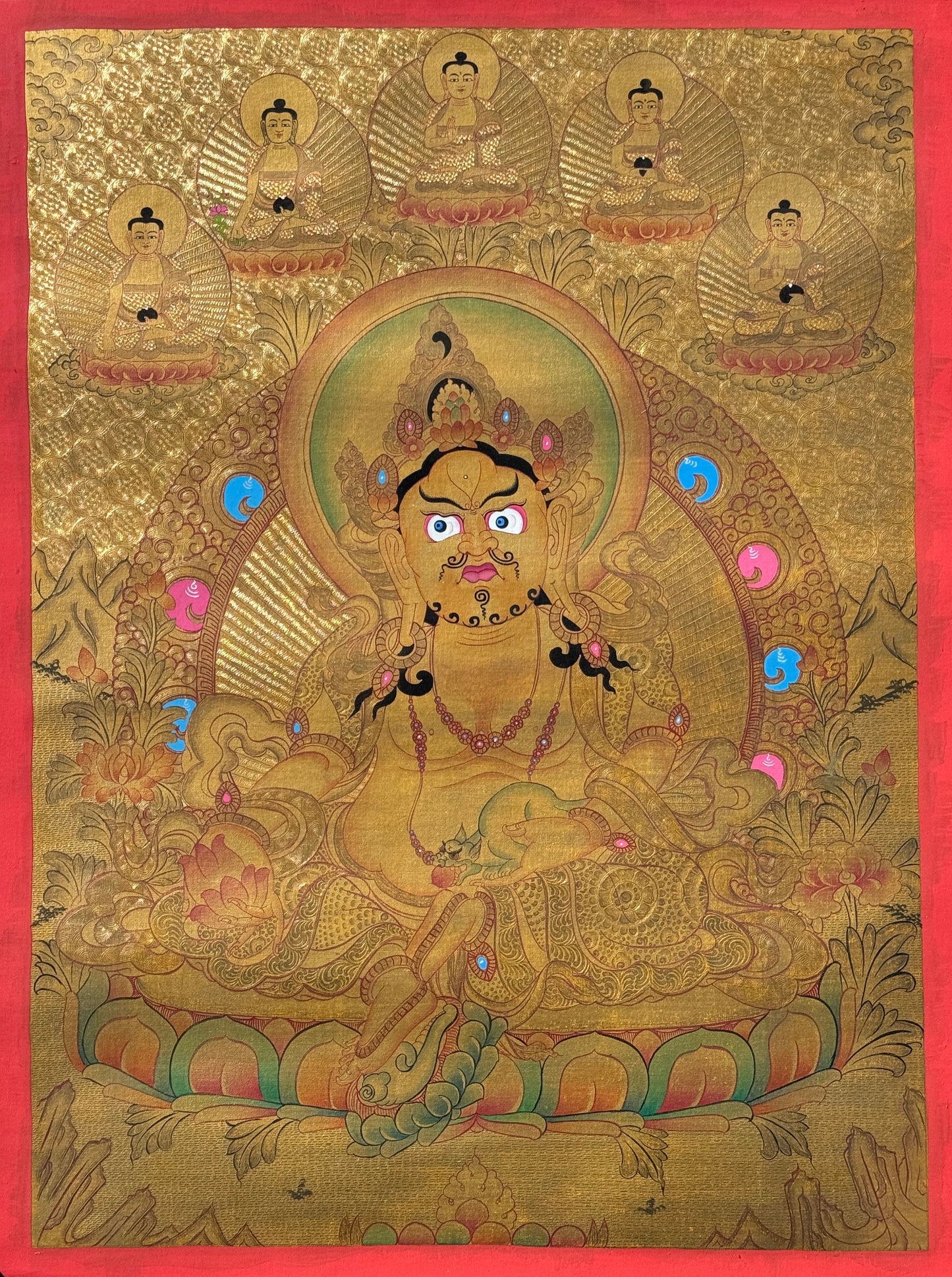 Gold Zambala with 5 Buddha Thangka Painting