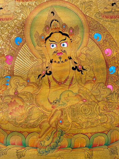 Gold Zambala with 5 Buddha Thangka Painting