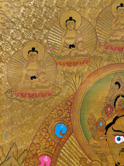 Gold Zambala with 5 Buddha Thangka Painting