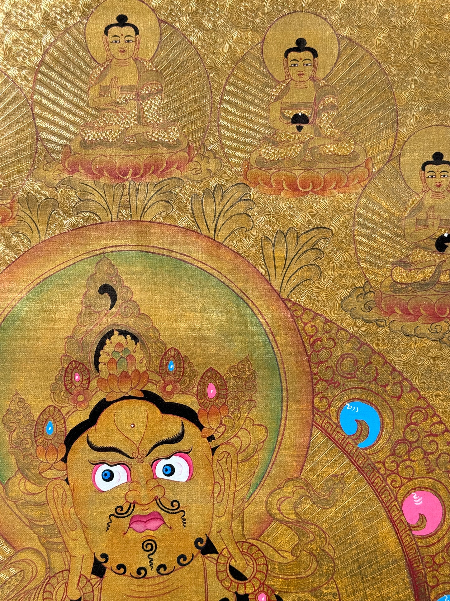 Gold Zambala with 5 Buddha Thangka Painting