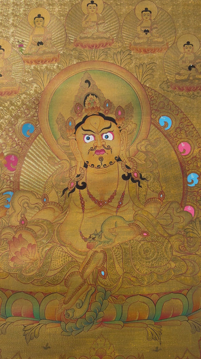 Gold Zambala with 5 Buddha Thangka Painting