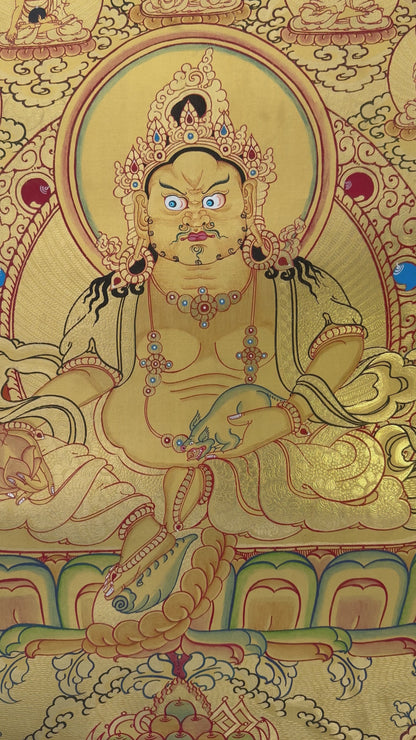 Gold Zambala with 5 Buddha Thangka Painting